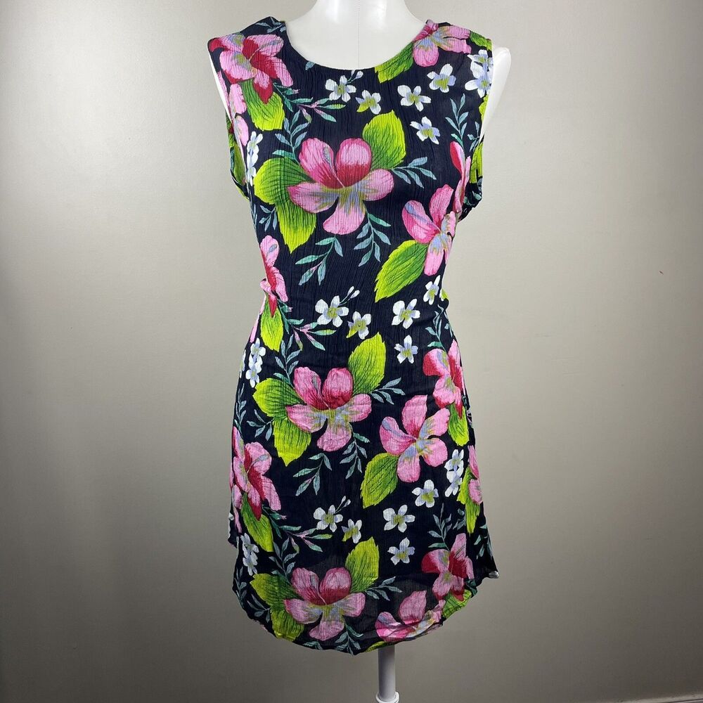 Vintage Floral Hawaiian  Boho Sleeveless Thin Semi sheer Mini Dress One Size